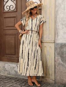 Vestido de mujer de manga corta holgado con cuello en V y medio abierto, de tela texturizada, adecuado para exteriores y vacaciones, primavera/verano - Caqui 2 - Ver 7