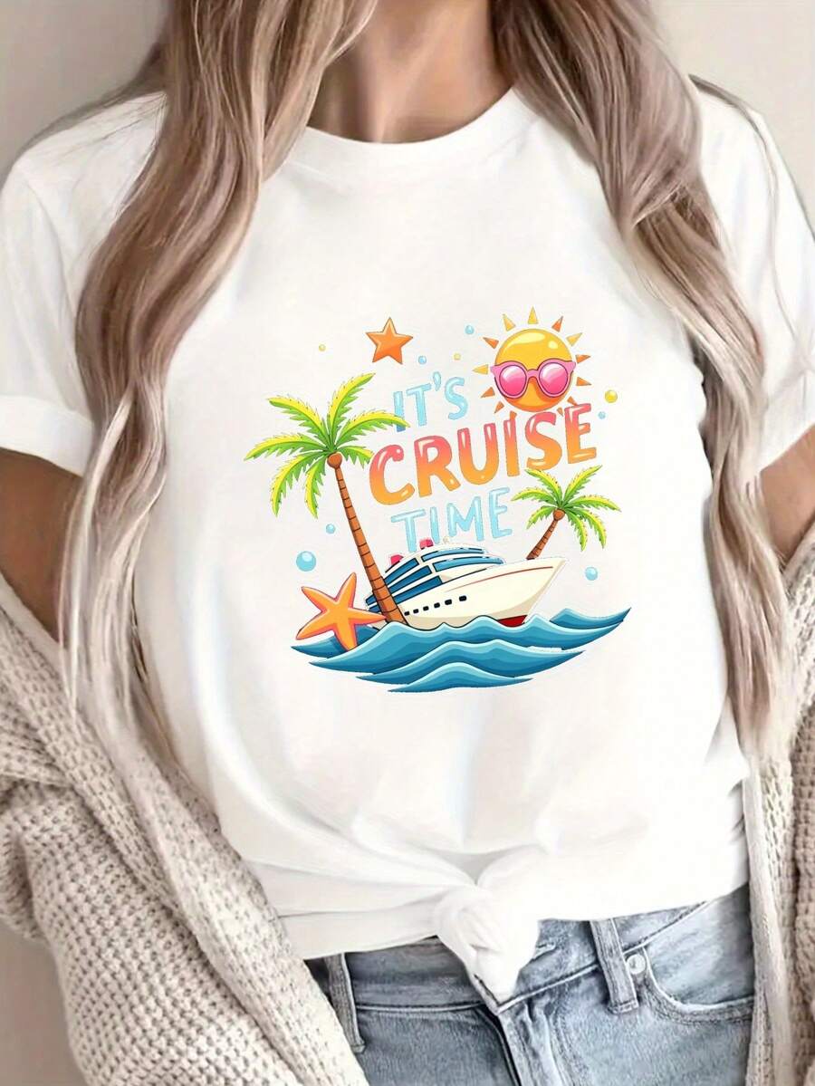 Talla grande - talla extra grande - camiseta de mujer, hecha de algodón puro, tela ligera y transpirable, diseño de cuello redondo, diseño estampado, corte de manga corta, adecuada para primavera y verano. - Blanco - Ver 1