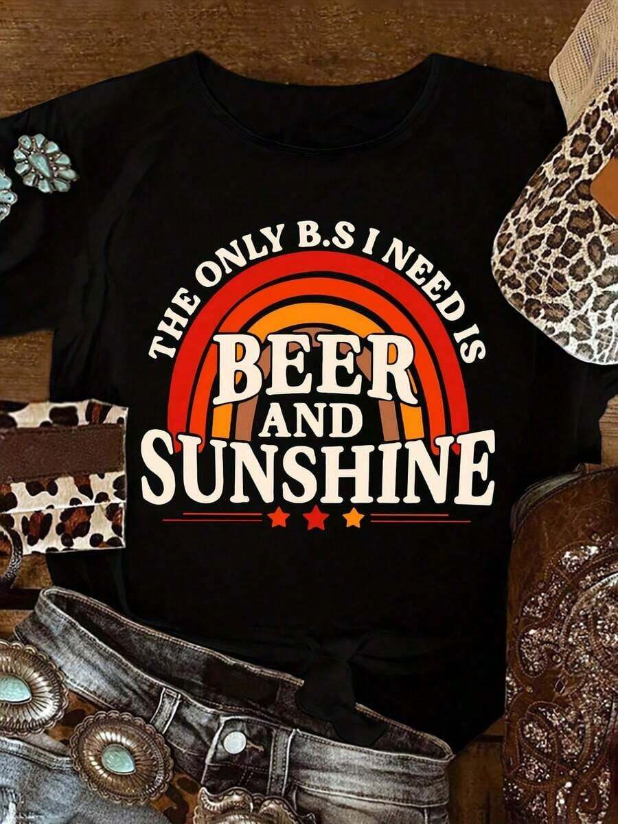 Camiseta Casual para Mujer con Estampado "Beer And Sunshine", Serie Playa, Corte Holgado, Top de Verano, Cómoda, Redonda, Regalo para Cumpleaños, Pascua, Día de la Madre, Camiseta Negra Casual de Manga Corta y Cuello Redondo para Mujer, Transpirable y Cómoda. - Negro - Ver 1