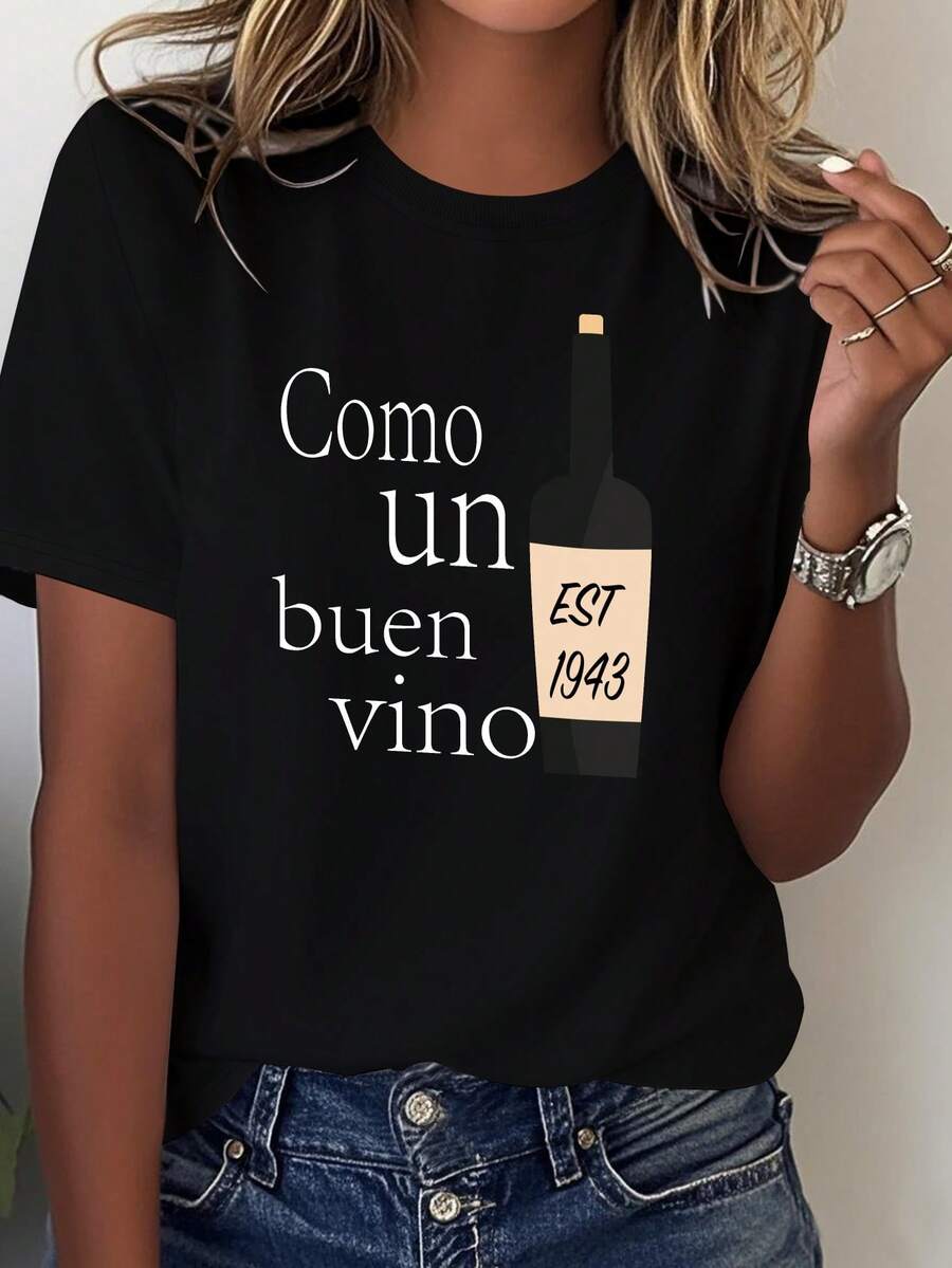 Women's Funny Spanish Style T-Shirt With Vintage 1943 Wine Bottle Print - 100% Soft, Casual, Loose Fit, Printed With "Come Uno Bebió Vine" And "Est. 1943" - Comfortable Everyday Wear, Suitable For All Seasons. - 黑色 - 查看 1