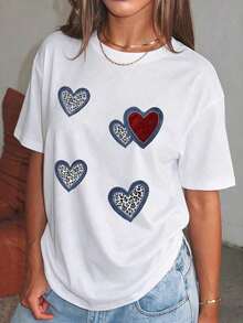 Playera Oversize Mujer "Corazones Rosa y Leopardo" - Azul Marino con Estampado Femenino Chic - Blanco-2 - Ver 2