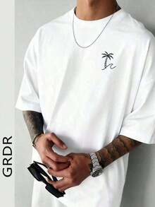 Camiseta de manga corta con cuello redondo y estampado de palmeras de moda para hombres GRDR, casual y - Blanco - Ver 3