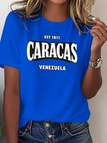 This Is A Comfortable Solid-Color Women's T-Shirt, Featuring The 1811 Caracas Typography, A Casual Women's Blouse. - 藍色 - 查看 7