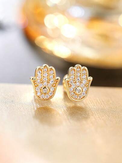 CVNANA 1 Đôi bông tai hình bàn tay Hamsa mạ vàng đồng đính đá CZ, kiểu dáng thời trang nữ, phong cách Bohemian cổ điển, hoàn hảo cho đeo hàng ngày, lễ hội và làm quà tặng.