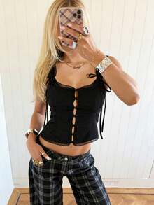 Women's Summer Lace Trim Sleeveless Button Down Tank Top - For Party  Daily Wear - Black - View 2