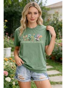 Women's Vintage Floral T-Shirts, Cute Floral Print Tees, Bohemian Wildflower T-Shirts, Casual Short-Sleeved Summer T-Shirts - Verde1 - 查看 2