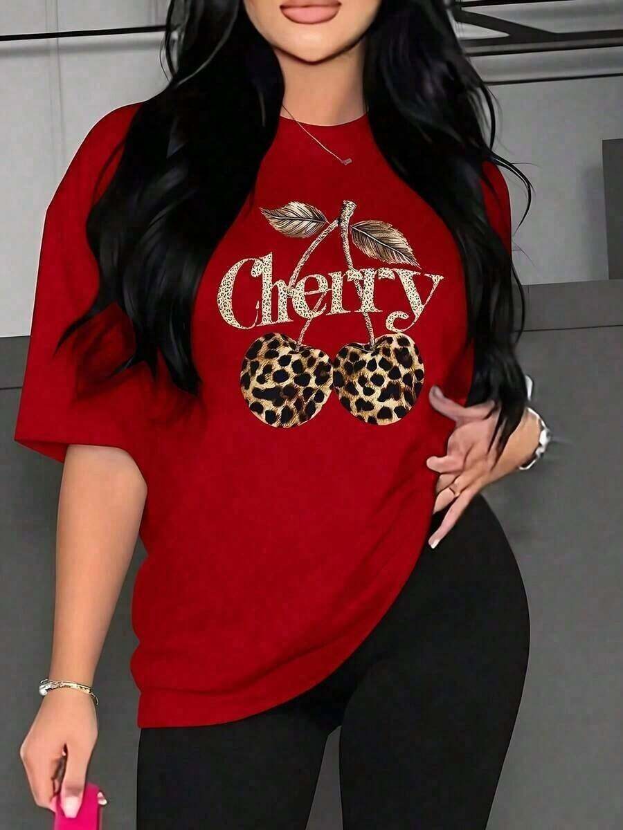 Women's Casual Short Sleeve Shirt - Leopard And Cherry Print, Black With Gold Glitter Trim, Medium Stretch, Washable, Comfortable For All Seasons, Loose And Comfortable, Benito Bowl Top, Perfect For Summer - Tayzi NXBQ - 風格 - 查看 1