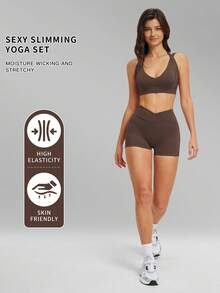 Bộ đồ tập yoga màu nude MFVIM dành cho nữ, kiểu dáng ôm sát, hở lưng, đa năng, gồm áo ngực thể thao và quần short. Chất liệu mềm mại, thân thiện với da, phù hợp cho đi làm, hoạt động ngoài trời, chạy bộ, đạp xe, yoga và tập thể dục. - Cà phê nâu - Xem 3