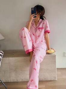 Napfluff Conjunto de pijama con top de manga corta con botón rojo y pantalones con estampado a rayas y lazo de color contrastante; Conjunto de pijama a rayas rosas con lazo estampado, adecuado para uso en casa - Rojo - Ver 11
