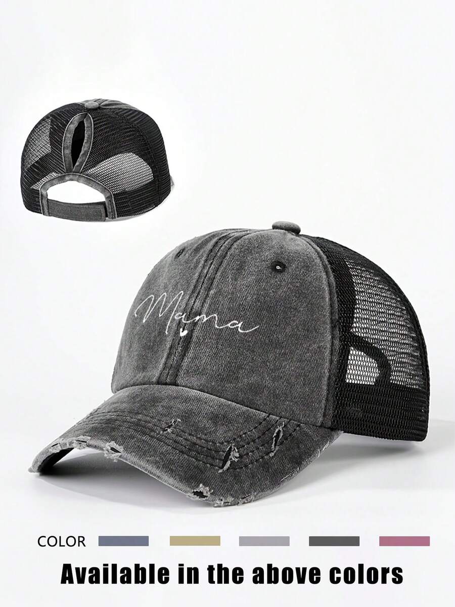 1pc Printed "Mama" & Heart Ripped Mesh Ponytail Adjustable Sun Hat, Outdoor Casual Sunscreen Hat Suitable For Spring, Autumn, Travel, Beach, Vacation, Y2K Style For Young People - Baseball Cap - View 1