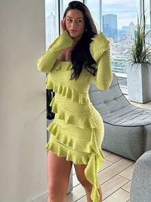 Vestido de Fiesta Sexy para Mujer - Hombros Descubiertos, Mangas Largas Acampanadas, Mini Ajustado y No Transparente para Salidas Nocturnas o Eventos Formales - Traje de Otoño para Fiestas y Cenas - Amarillo - Ver 4