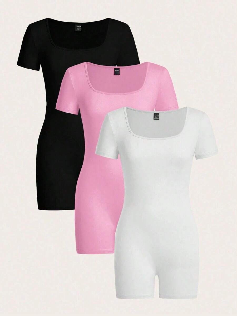 Conjunto de 3 piezas de mono informal de mujer de cuello cuadrado y manga corta, apropiado para el verano - Multicolor - Ver 1