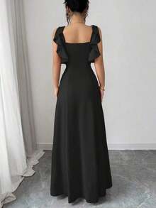 Vestido elegante minimalista de alta gama para mujer, adecuado para uso diario, fiestas, banquetes y meriendas, con diseño de dobladillo con volantes y vestido de línea A con cintura roja - Negro - Ver 2