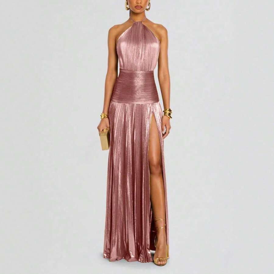 Vestido sin mangas escote halter, pliegues metalizados, abertura lateral, cordón ajustable, espalda descubierta, para mujer - Rosa - Ver 1