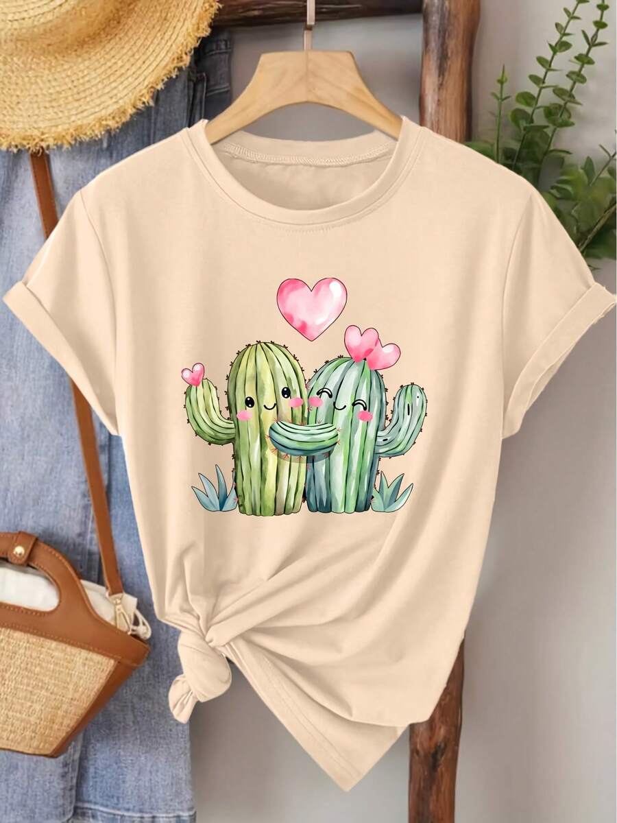 Women's Short-Sleeved T-Shirt, Elegant Style, With Heart And Cactus Print, Round Neck, Ideal For Spring, Summer, Autumn, Fashion, Daily Travel, Versatile, Casual, Elegant, Retro Style, Available In Sizes S-XXL - 杏 - 查看 1