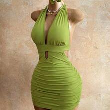 guang zhou mi qian shang mao  Vestido ajustado de mujer con escote halter y espalda descubierta, de moda y sexy, para verano - Verde - Ver 4