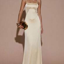 guang zhou mi qian shang mao Vestido elegante de satén con tirantes finos, diseño de costuras para dar forma, con lazo en la espalda, adecuado para bodas, citas nocturnas, vacaciones, fiestas de verano - Amarillo - Ver 4