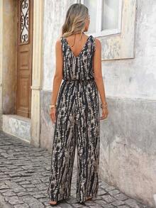 Mono informal sin mangas con cuello en V y estampado total para mujer, ideal para vacaciones de verano - Negro - Ver 5