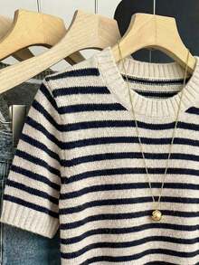 Nueva llegada Primavera/Verano Estilo coreano Casual Suelta Personalizada Blusa de punto de mujer a rayas de color contrastante - Multicolor 2 - Ver 6