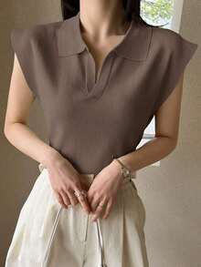 Suéter holgado de punto de unicolor con cuello, estilo casual y de negociospara mujer - Café integral - Ver 3