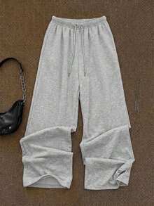 Pantalones de chándal de pierna recta y cintura baja para mujer, apropiados para el verano, con efecto lavado - Gris Claro 2 - Ver 3