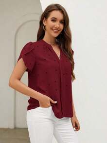 Blusa de mujer de escote en V con estampado de corazón y mangas con volantes para el verano y la playa - Rosa Roja - Ver 4