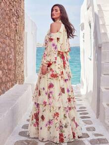 Faeriesty Floral Print Chiffon Off-Shoulder Dress, Layered Floral Print And Delicate Ruffle Hem Design, Elegant Flowing Silhouette, Suitable For Weddings, Garden Parties, Formal Events, And Vacation - Light Yellow - View 2