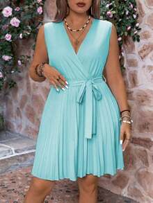 Vestido de verano sin mangas con cuello en V, unicolor, cruzado y plisado, talla grande, color borgoña, para Navidad y Acción de Gracias, conjunto de mujer - verde menta - Ver 1