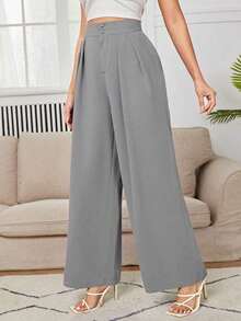 Pantalones de pierna ancha de cintura alta con pliegues - Gris - Ver 3