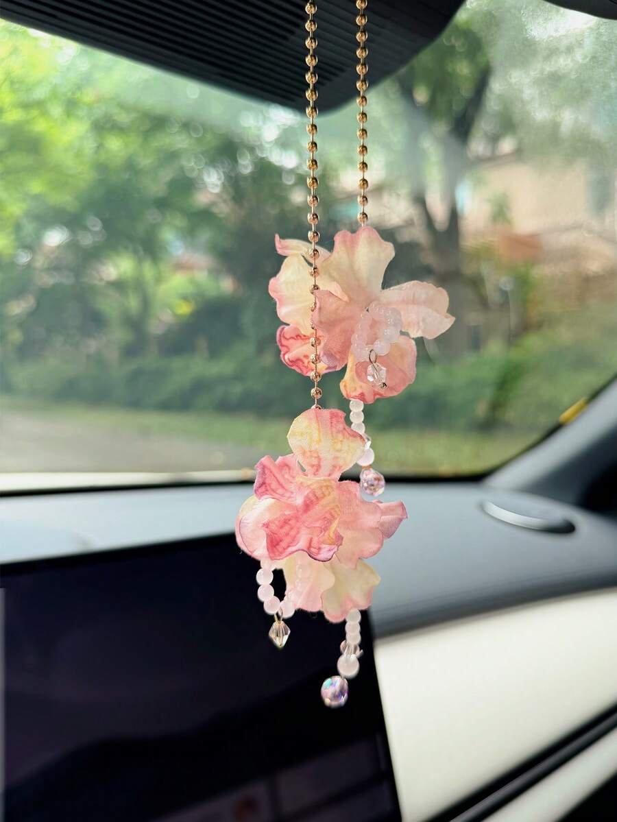 Flower Tassel Car Hanging Ornament, Creative Car Rearview Mirror Decor Accessory - A - View 1