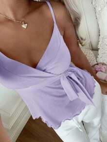 Camiseta de tirantes casual y versátil con estampado de lunares y detalle de nudo para mujer - Púrpura malva - Ver 4
