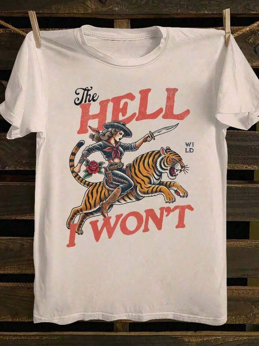 Ropa de Vacaciones para Mujer: Camiseta de Vaquera "The Hell I Won't" para Mujer – Camiseta de Cuello Redondo con Gráficos Retro de Motociclista y Tatuaje Western, Top Casual Estilo Wild Western. Esta es una camiseta de manga corta para mujer, suave, agradable al tacto, versátil y de puro algodón, adecuada para el uso diario, ocasiones informales y ropa deportiva. Es una camiseta de algodón puro para mujer, holgada, cómoda y deportiva, ideal para primavera/verano, perfecta como capa base. Holgada y cómoda, ideal para las vacaciones de verano de las mujeres. - Albaricoque - Ver 1