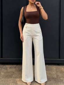 Women's High Waist Wide Leg Pants, Elegant Double-Buckle Pleated White Trousers, Loose Fit For Office Work & Casual Wear, Non-Sheer Slim Fit, Tall Women - White - View 3