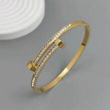 Pulsera de acero inoxidable chapada en oro de 18K con incrustaciones de circonita, pulsera impermeable de alta calidad para parejas, regalo para esposa. - Dorado - Ver 1