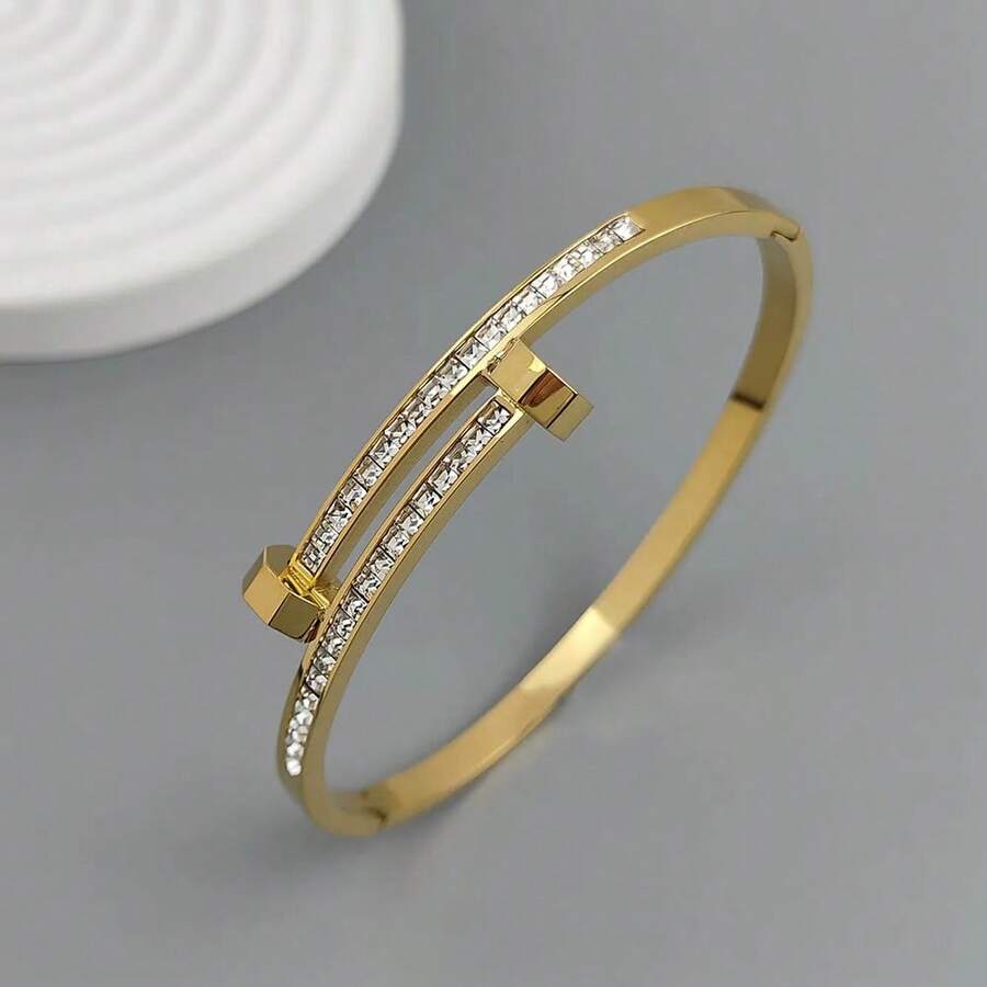 Pulsera de acero inoxidable chapada en oro de 18K con incrustaciones de circonita, pulsera impermeable de alta calidad para parejas, regalo para esposa. - Dorado - Ver 1