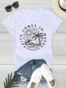 Camiseta casual para mujer, diseño de manga corta con cuello redondo y estampado colorido. Hecho de fibra de poliéster, lavable a máquina, adecuado para usar en primavera y verano. - Blanco - Ver 6
