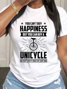 No se puede comprar la felicidad con una bicicleta, pero sí puedes comprar un monociclo. Camiseta de talla grande para mujer, de manga corta, cuello redondo, informal, con tela de elasticida - Blanco - View 1