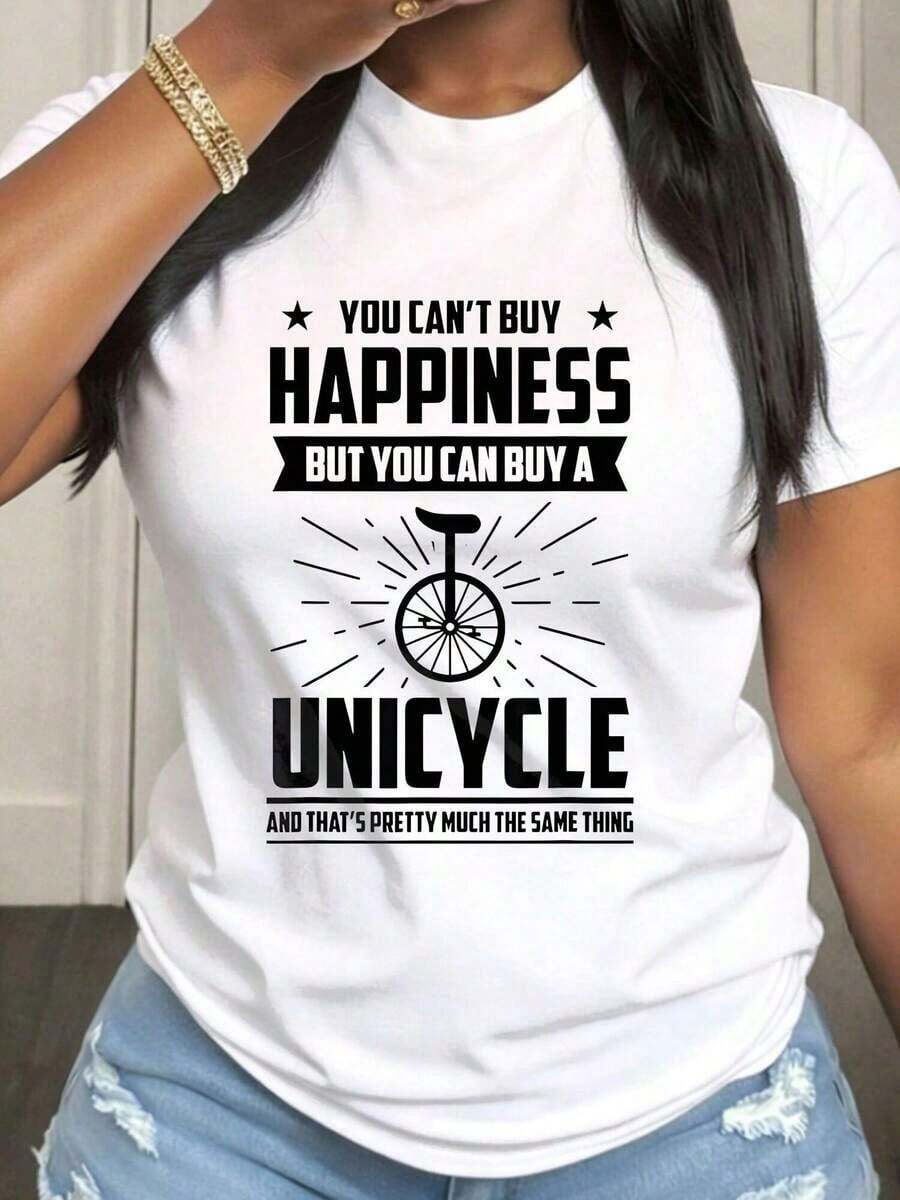 No se puede comprar la felicidad con una bicicleta, pero sí puedes comprar un monociclo. Camiseta de talla grande para mujer, de manga corta, cuello redondo, informal, con tela de elasticida - Blanco - View 1