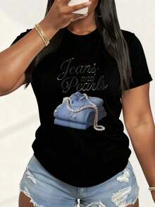 1 pieza de camiseta oversize para mujer, JEANS Y PERLAS con -0180g Algodón 100% - Negro 1 - Ver 12