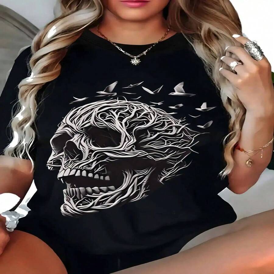 Plus Size Women's Casual Short Sleeve T-Shirt - Black And White Geometric Skull And Butterfly Print, Soft And Stretchy Fabric, Machine Washable, Crew Neck, Comfortable For All Seasons, Perfect Gift For Ladies, Women's T-Shirts, Versatile Clothing, Comfortable Fit, Easy Care S-XXXL - 黑色 - 查看 1