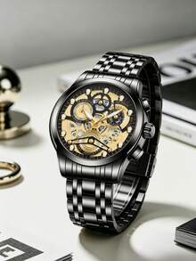1pc Men's Watch 41mm Case Fashion Hollow Mechanical-Style Dial Luminous Rivet Luxury Clock Stainless Steel Band Original Quartz Movement Real Calendar Sport Fashion Casual Business Suitable For Home Decor And Men's Gift Classic Men's Wrist Watch - Black - View 4