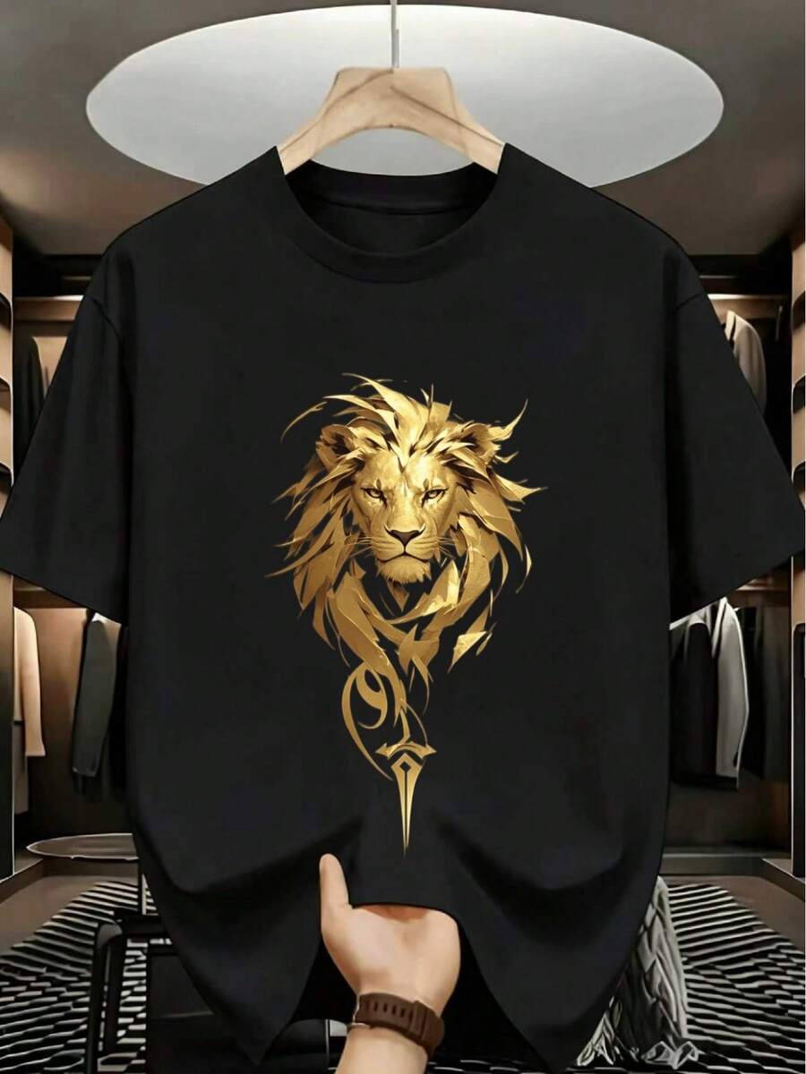 Men's Summer T-Shirt, American And Modern Style, Gold Lion Head Print, Short Sleeve, Modern And Eye-Catching Premium Feel, Suitable For Casual Daily Wear/Outdoor Sports/Parties/Dates, Affordable And Non-Collision Creative Gift For Boyfriend - 黑色 - 查看 1