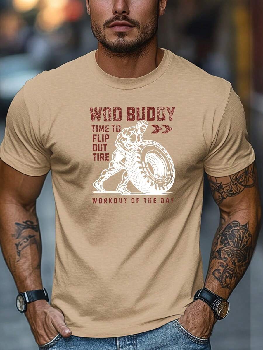 Camiseta de talla grande para hombre, relajada y casual, cómoda y versátil, camiseta de verano casual de manga corta y cuello redondo con gráfico "WOD BUDDY TIME to FLIP OUT TIRE", TALLA GRANDE - Caqui - Ver 1
