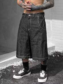 Quần jeans ống rộng màu đen phối đường chỉ tương phản, có túi, dành cho thanh thiếu niên/giới trẻ, dáng rộng vừa vặn, đa năng, thích hợp mặc thường ngày. - màu đen - Xem 3