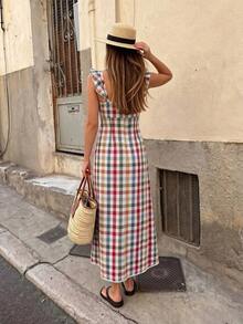 Vestido con cuello de corazón, volantes en el bajo y estampado de cuadros para mujer - Multicolor - Ver 2