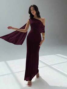 Vestido asimétrico de hombro de unicolor elegante para mujer - Granada - Ver 4