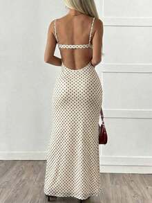 Vestido de mujer con fondo color albaricoque y tirantes a lunares - Blanco - Ver 8