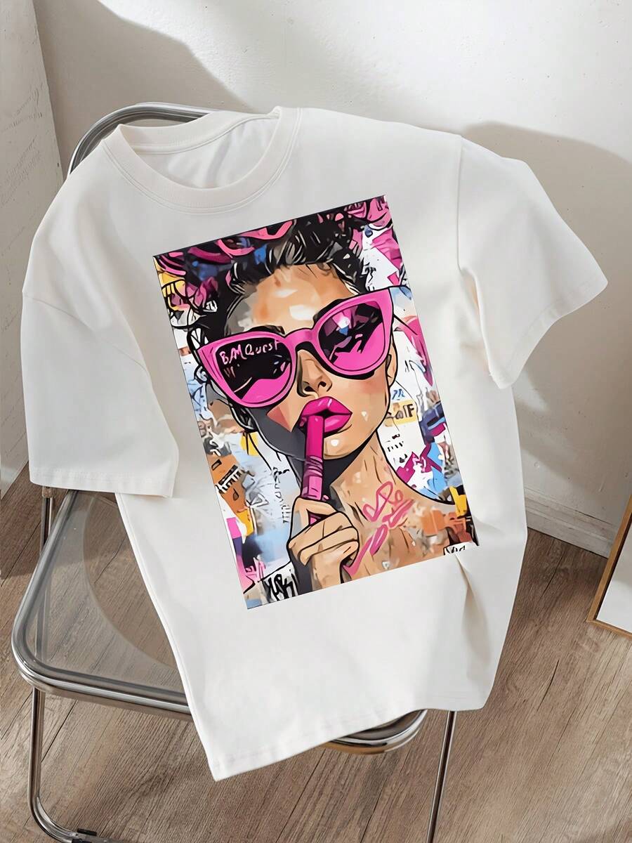 Camiseta Casual de Manga Corta Estilo Y2K Sweet Cool con Arte de Graffiti para Mujer, blusas para mujer, blusas, blusas casuales para mujer, tops para mujer, tops, unisex. - Blanco - Ver 1