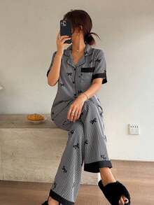Napfluff Pyjama Set With Short Sleeve Top With Red Button And Striped Pants With Contrasting Color Bow; Pink Striped Pyjama Set With Printed Bow, Suitable For Home Use - Black - View 6