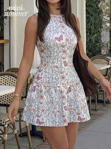 minisummer Vestido mini sin mangas con estampado floral azul y blanco - Vestido de línea A con cintura plisada y volante en el bajo - Uso casual diario - Adecuado para decoración de Pascua, atuendo de Pascua, fiesta, reunión elegante, vacaciones de verano en la playa - Multicolor - Ver 1